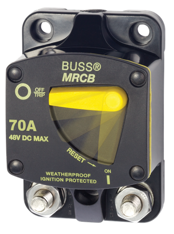 Surface mount 70A thermal circuit breaker featuring a yellow manual reset lever and M8 terminal studs