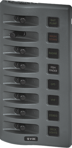 Gray 8-circuit 12V DC marine fuse panel with waterproof toggle switches and backlit labels