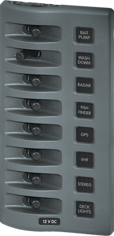Gray 8-position waterproof 12V DC marine switch panel with integrated toggle switch guards and labels
