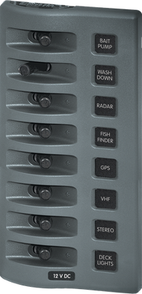 Gray 8-position waterproof 12V DC marine switch panel with integrated toggle switch guards and labels