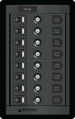Blue Sea 8-position vertical 12V DC distribution panel with 10A circuit breakers and rocker switches