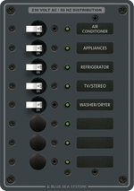 Blue Sea 8 position AC distribution panel with 8A circuit breakers and green LED indicators