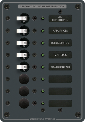 Blue Sea 8 position AC distribution panel with 8A circuit breakers and green LED indicators