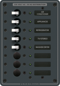 Blue Sea 8 position AC distribution panel with 8A circuit breakers and green LED indicators