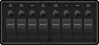 Black 8 position marine switch panel with waterproof circuit breakers and rocker switches