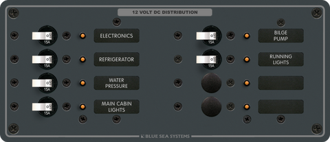 Front view of 8-position DC distribution panel with toggle switches, LED indicators and backlit labels