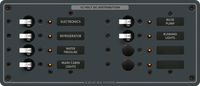Front view of 8-position DC distribution panel with toggle switches, LED indicators and backlit labels