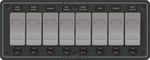Blue Sea 8 position marine switch panel in slate grey with fused rocker switches and LED status lights