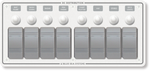 White 8-position marine switch panel with rocker switches and push-button circuit breakers