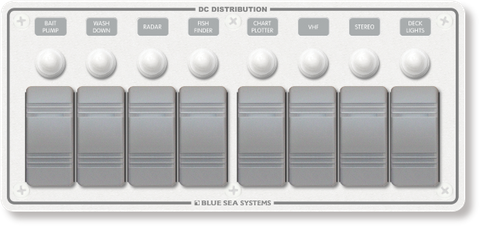 White 8-position marine switch panel with rocker switches and push-button circuit breakers