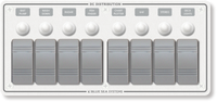 White 8-position marine switch panel with rocker switches and push-button circuit breakers