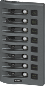 8-position 12V DC weatherproof marine switch panel in gray with toggle switches and status LEDs