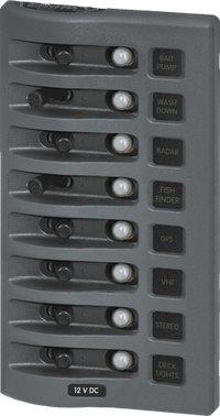 8-position 12V DC weatherproof marine switch panel in gray with toggle switches and status LEDs
