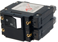 Blue Sea 80A double-pole AC circuit breaker featuring a raised black rocker switch and rear terminal studs