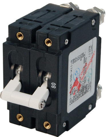 Blue Sea 80A double-pole toggle circuit breaker with white joined handle and black dual-pole housing