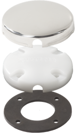 Exploded view of a side-mount cable clam showing the stainless steel cap, white plastic base and black gasket