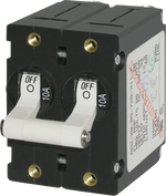 Blue Sea A-Series 10A double-pole toggle circuit breaker with white handles and brass mounting inserts