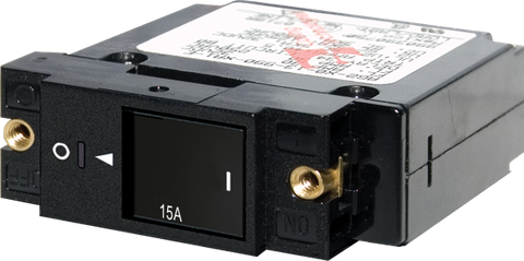 15A single-pole flat rocker circuit breaker with restricted-off design and mounting screw inserts
