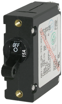 Black 15A single-pole toggle circuit breaker with brass mounting inserts and technical label