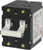 Blue Sea A-Series 20A double-pole toggle circuit breaker with white joined handle and black housing