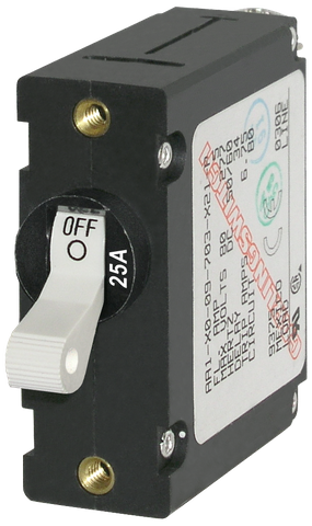 Blue Sea 25A single-pole toggle circuit breaker with white switch and black housing