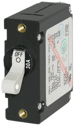 Blue Sea A Series 30A circuit breaker featuring a white toggle switch and technical label side view