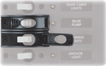 Black A-Series circuit breaker toggle guards shown in open and guarded positions on a marine electrical panel