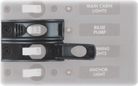 Black A-Series circuit breaker toggle guards shown in open and guarded positions on a marine electrical panel