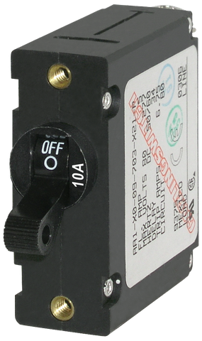 Black double pole toggle circuit breaker with technical specifications label and brass mounting inserts