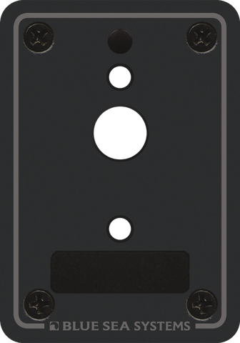 Front view of a slate gray A-Series single pole circuit breaker panel blank with mounting holes and label space