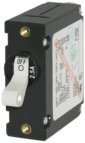 Single pole white toggle circuit breaker with 2.5A rating, black housing and brass threaded mounting holes