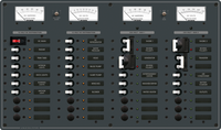 Blue Sea 230V AC and 12V DC distribution panel with 31 circuit positions and analog meters