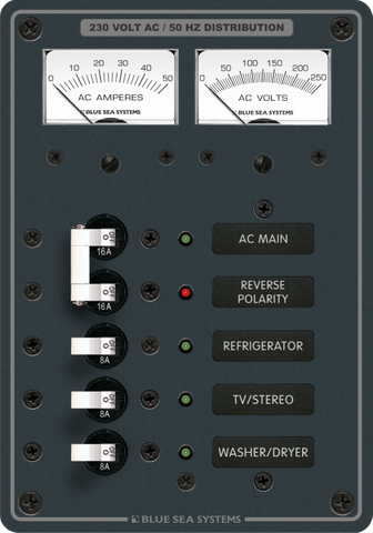 230V AC distribution panel with analogue meters, 16A main breaker and three 8A circuit positions with backlit labels