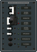 Front of AC distribution panel featuring 16A mains, source lockout and four 8A branch circuit positions