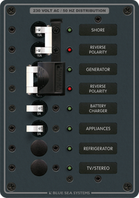 Front of AC distribution panel featuring 16A mains, source lockout and four 8A branch circuit positions