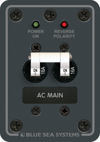Blue Sea 230VAC 16A double pole AC main circuit breaker panel with Power On and Reverse Polarity LED indicators