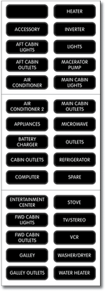 Sheet of 30 black AC electrical panel labels with white text including Air Conditioner, Microwave and Inverter