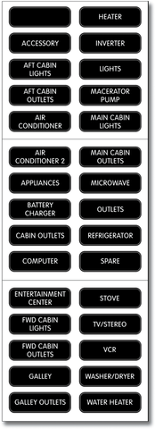 Sheet of 30 black AC electrical panel labels with white text including Air Conditioner, Microwave and Inverter
