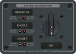 Blue Sea 230V AC rotary selector panel for generator and two shore power sources with LED safety indicators