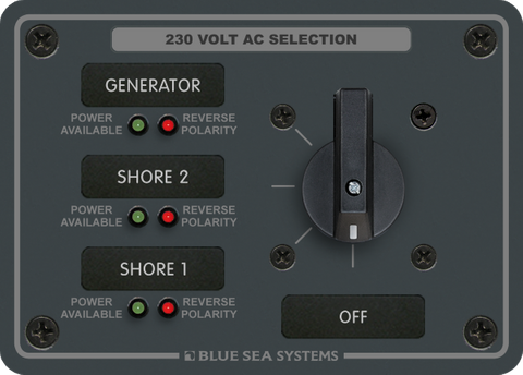 Blue Sea 230V AC rotary selector panel for generator and two shore power sources with LED safety indicators