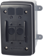 Surface mount circuit breaker enclosure with slots for A and C series toggles and LED indicators