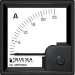 Front view of square Blue Sea DC analog ammeter with 0 to 25 Amp scale and black bezel