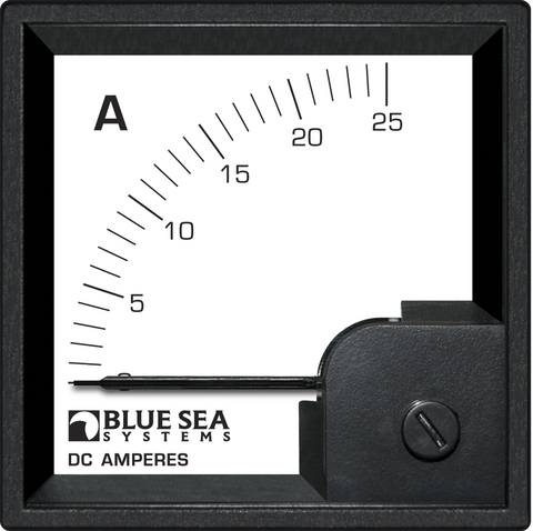 Front view of square Blue Sea DC analog ammeter with 0 to 25 Amp scale and black bezel