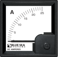 Front view of square Blue Sea DC analog ammeter with 0 to 25 Amp scale and black bezel