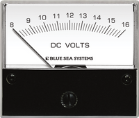 Analog DC voltmeter with 8V to 16V scale and clear white face in a black frame