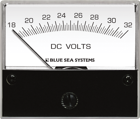 Square analogue DC voltmeter with white face, 18 to 32 volt scale and black housing