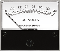 Square analogue DC voltmeter with white face, 18 to 32 volt scale and black housing