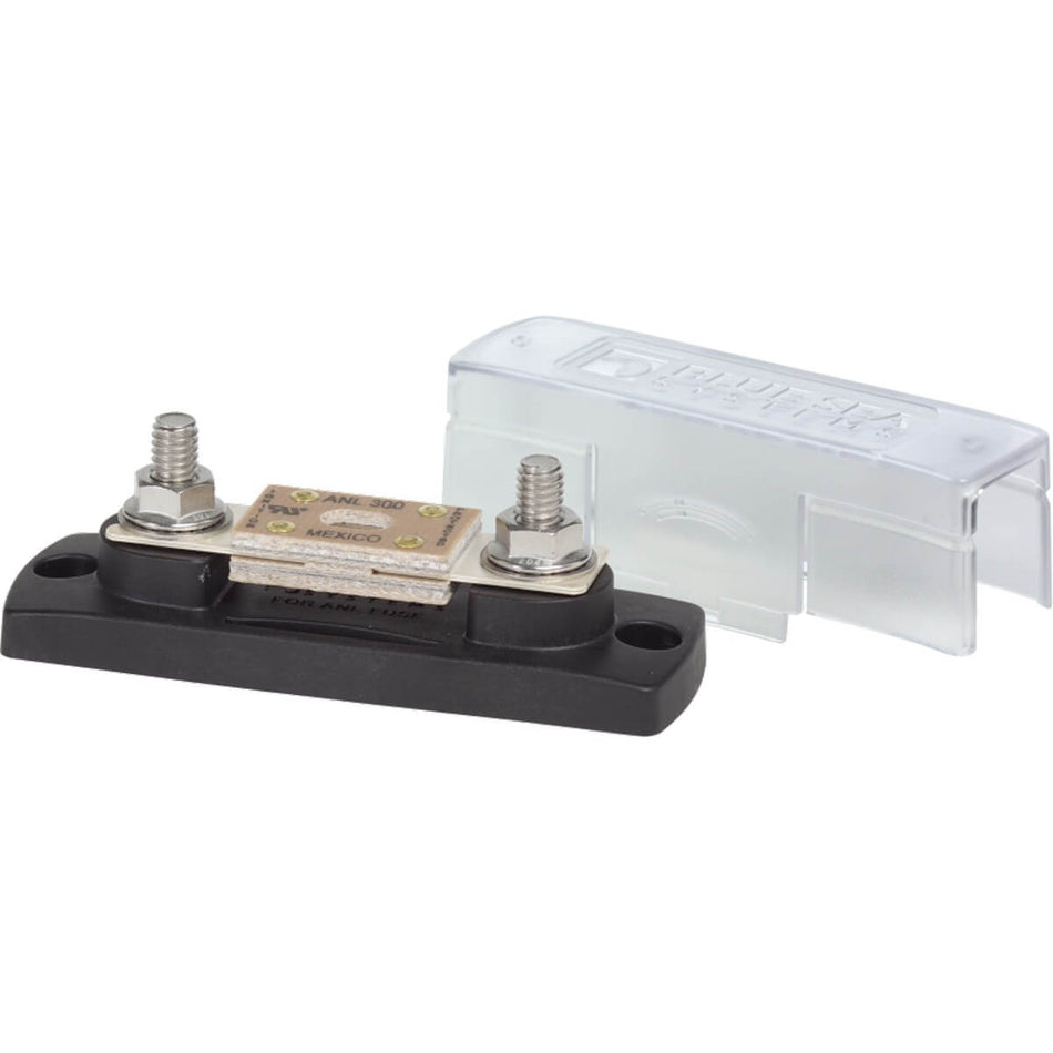 Blue Sea ANL fuse holder with installed fuse and clear insulating cover shown alongside