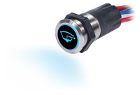 Stainless steel push button switch with blue backlit bilge pump icon and wiring harness