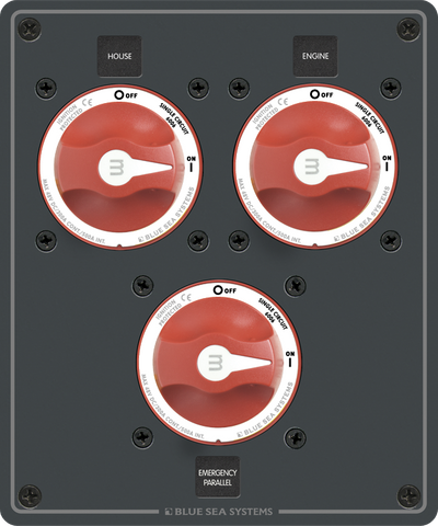 Blue Sea battery management panel with three red rotary switches for house, engine and emergency parallel circuits